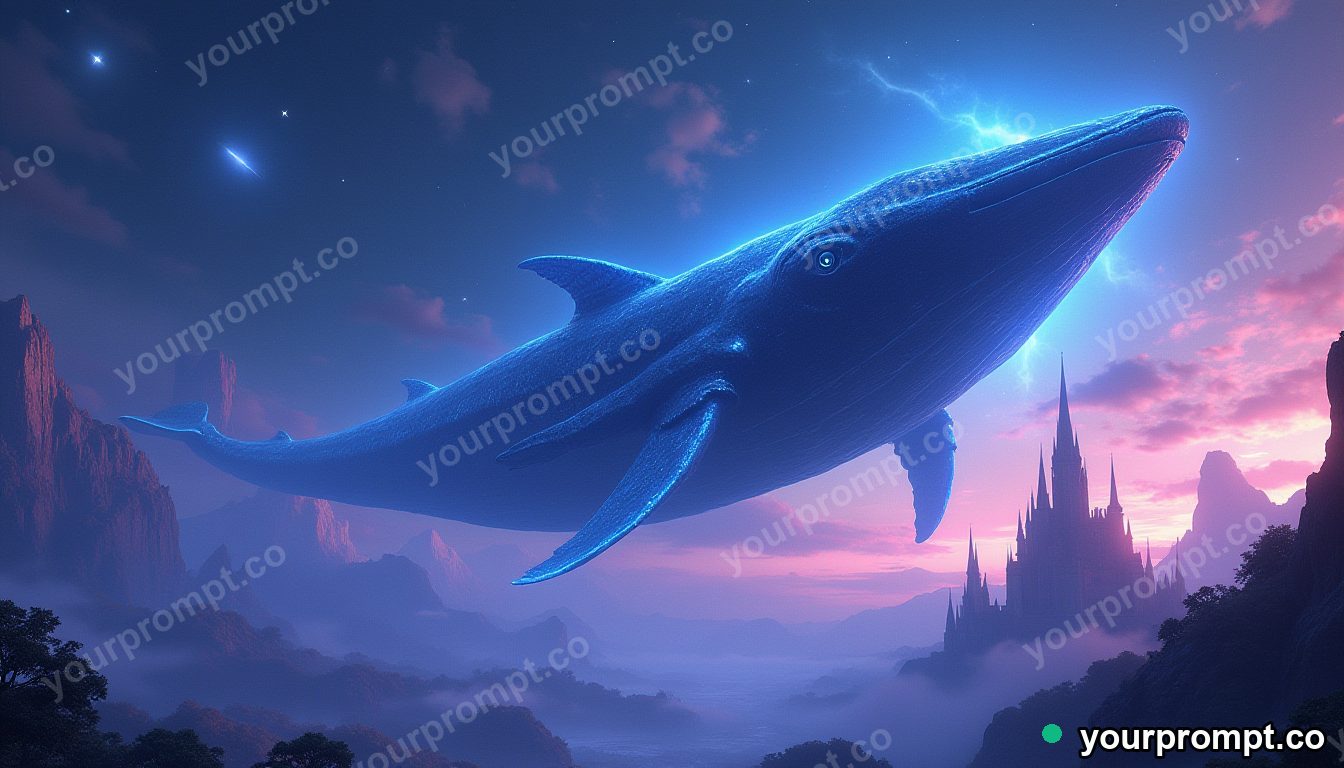 A colossal sky whale drifting above a fantasy kingdom