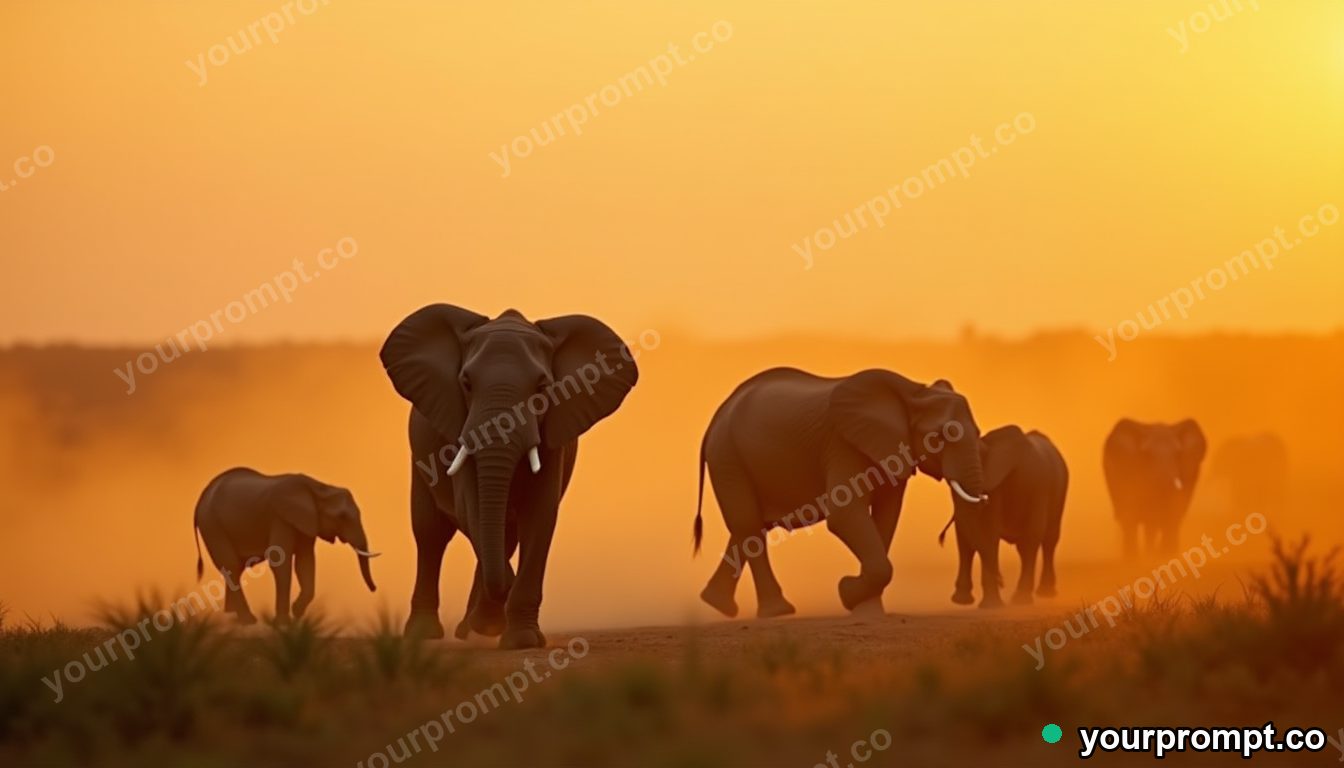 An elephant herd crossing a dusty plain at sunset