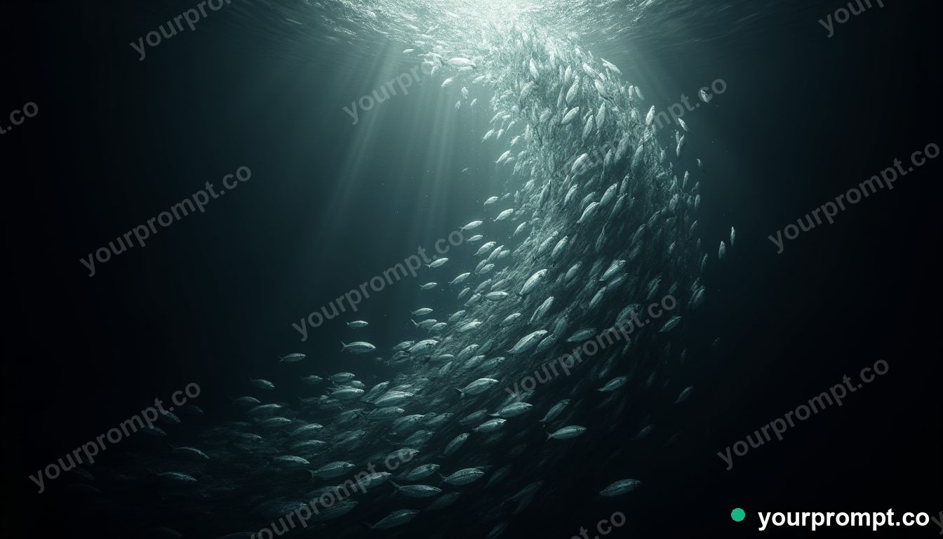 A school of silver fish swirling into a tornado