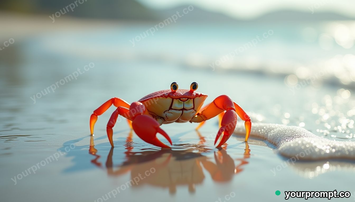 A crab scuttling across glistening wet sand