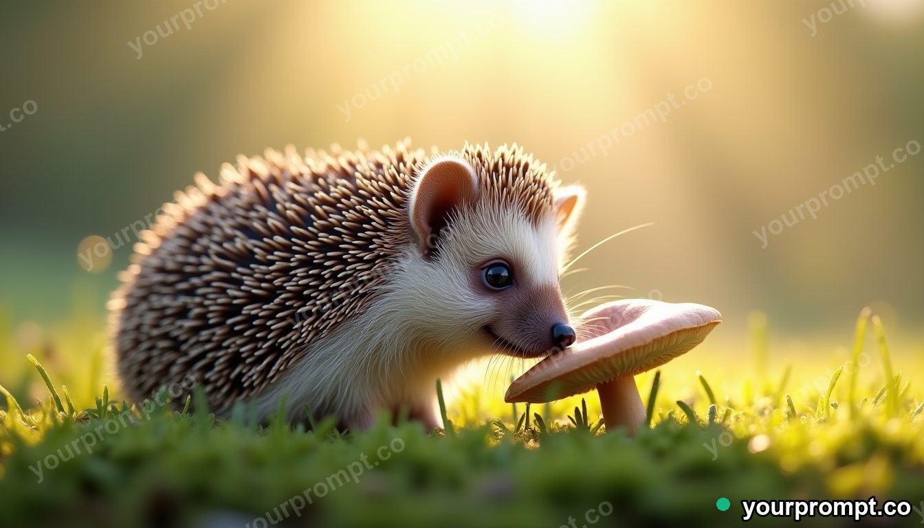 A hedgehog sniffing a mushroom in mossy grass
