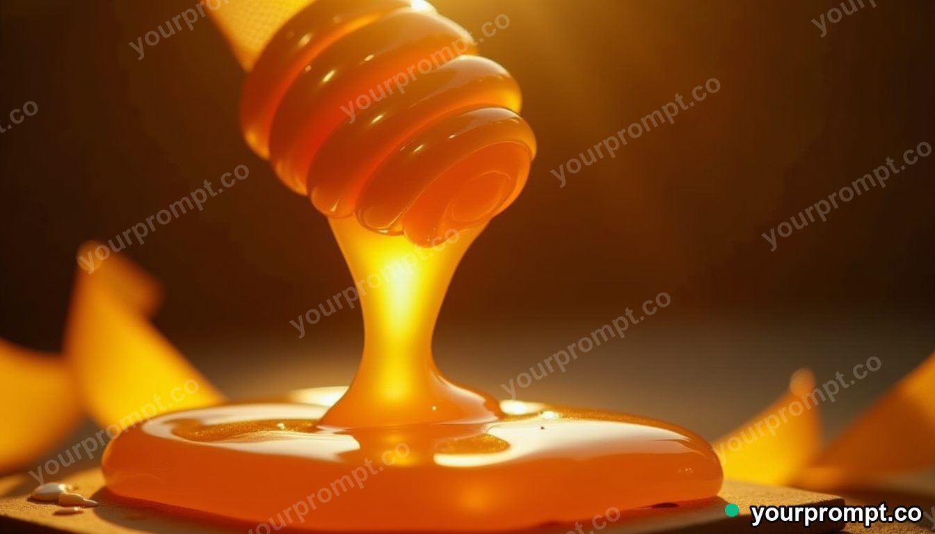 Honey dripping in a golden ribbon, close-up