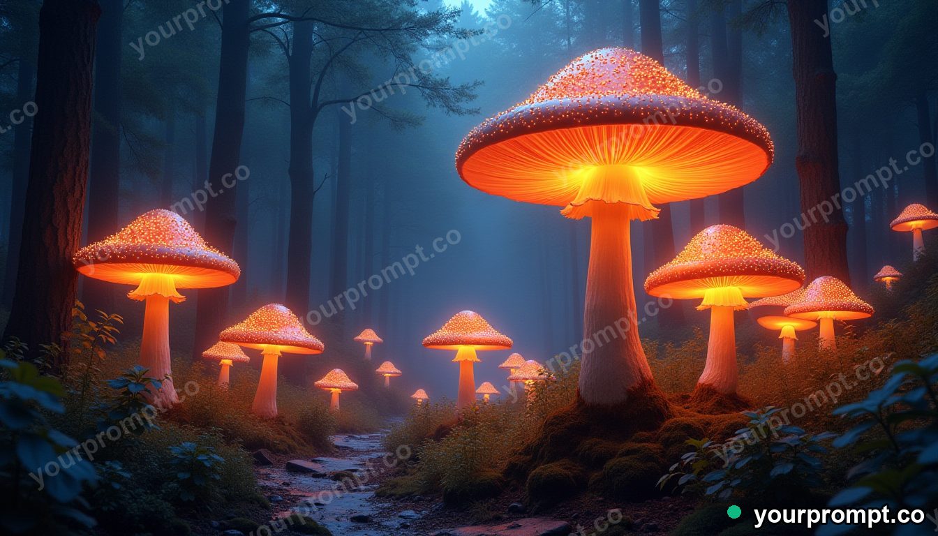 A glowing forest of giant luminous mushrooms at night