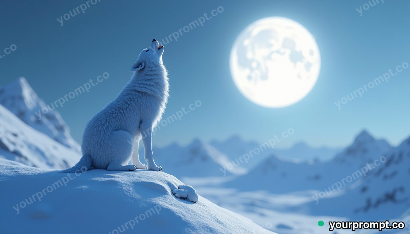 A wolf howling on a snowy ridge under the moon