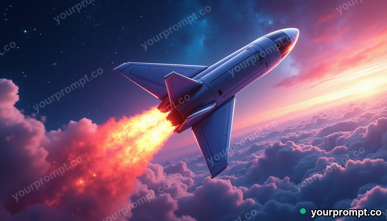 A rocket plane climbing steeply into the stratosphere