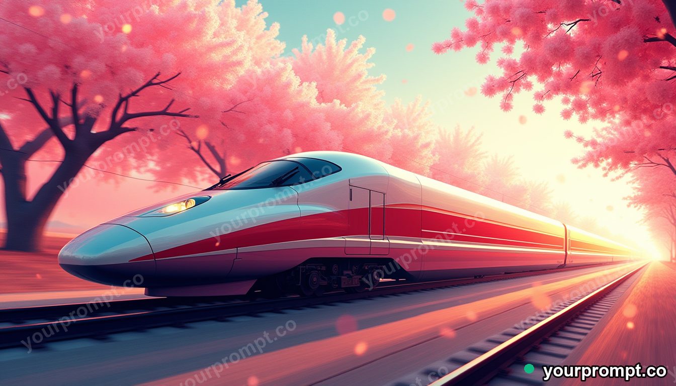 A sleek bullet train speeding past cherry blossoms
