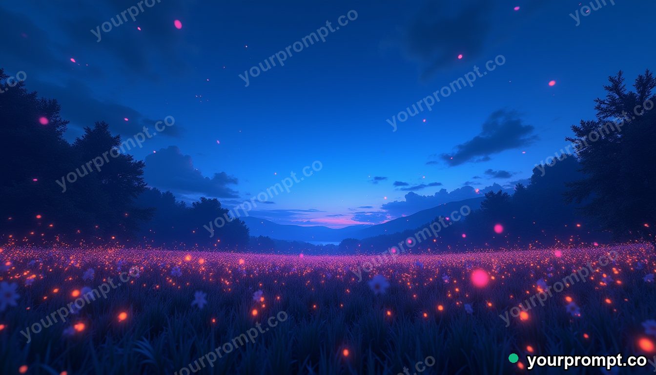 A firefly-lit meadow under a deep blue dusk