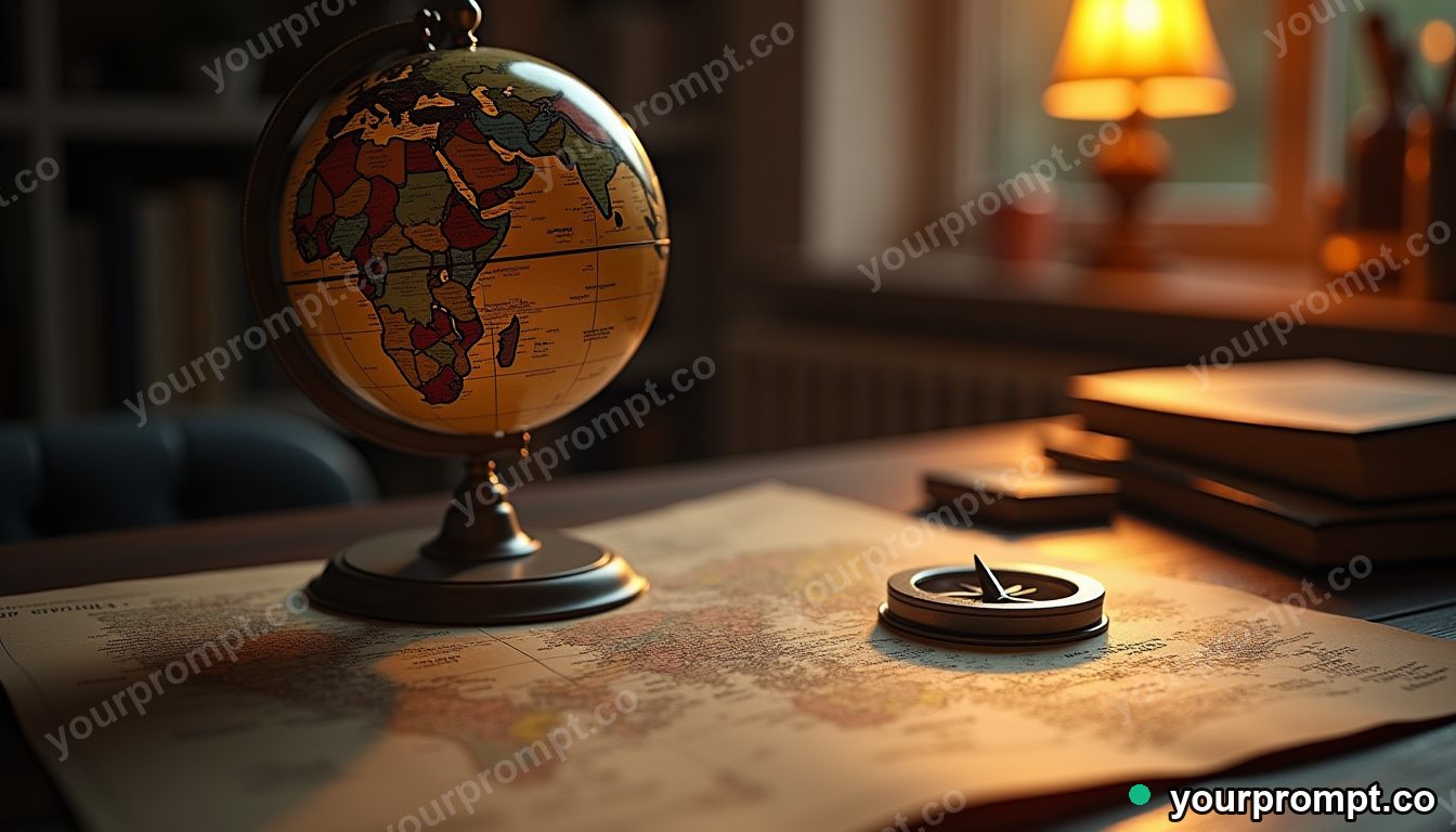 A globe, compass, and old map on a desk