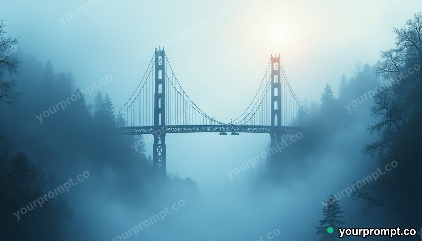 A misty suspension bridge vanishing into fog