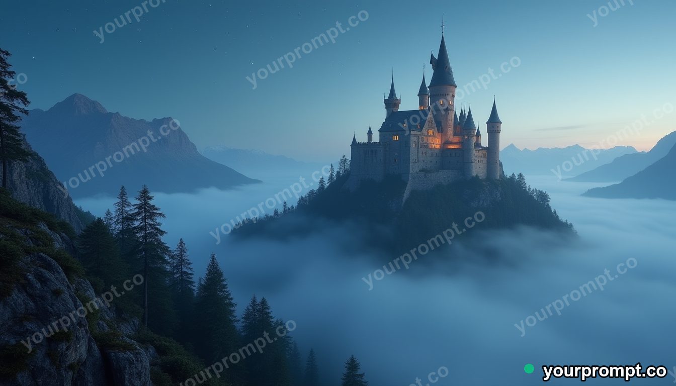A medieval castle on a foggy mountain peak