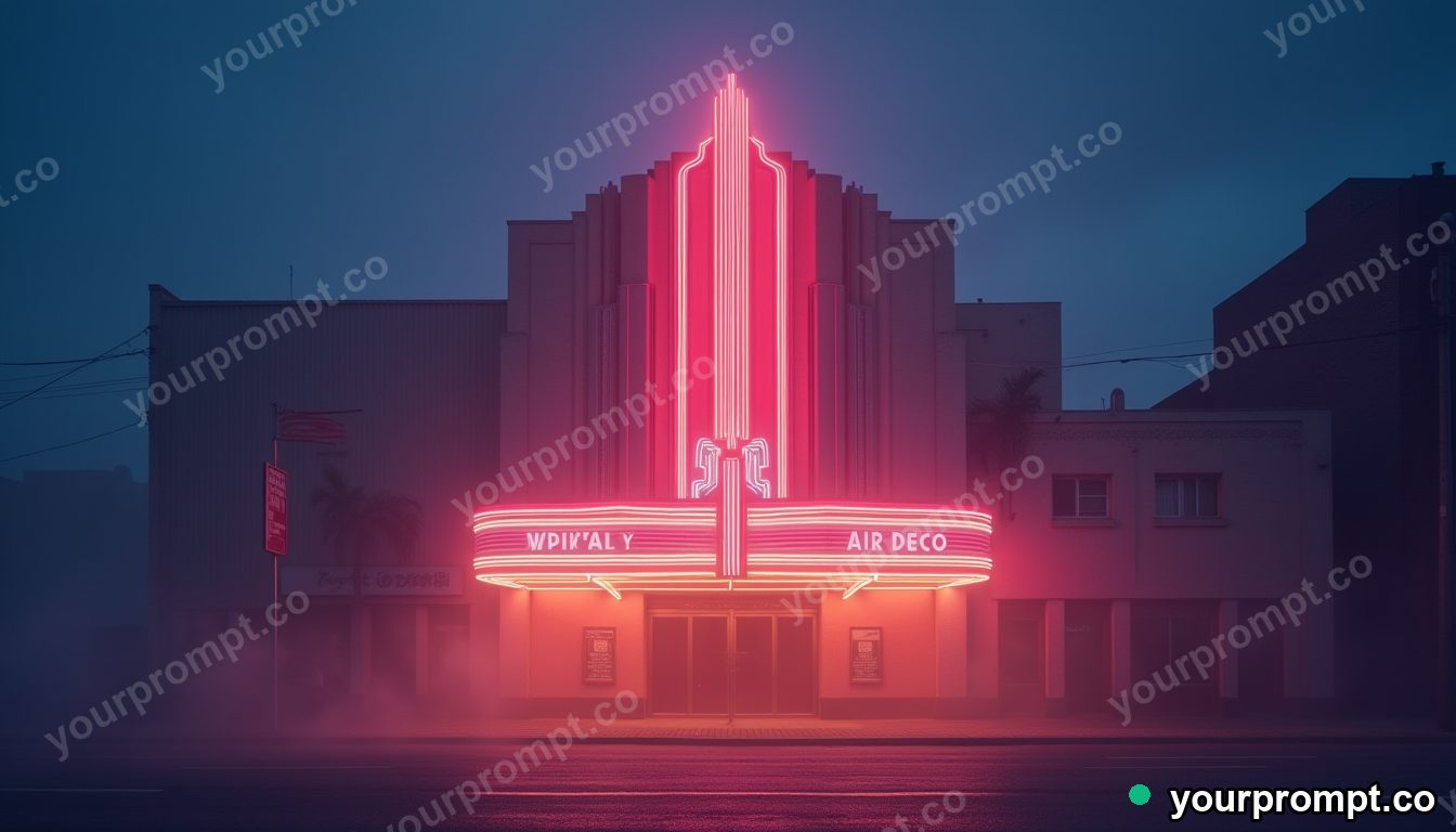An art-deco theater facade glowing at night