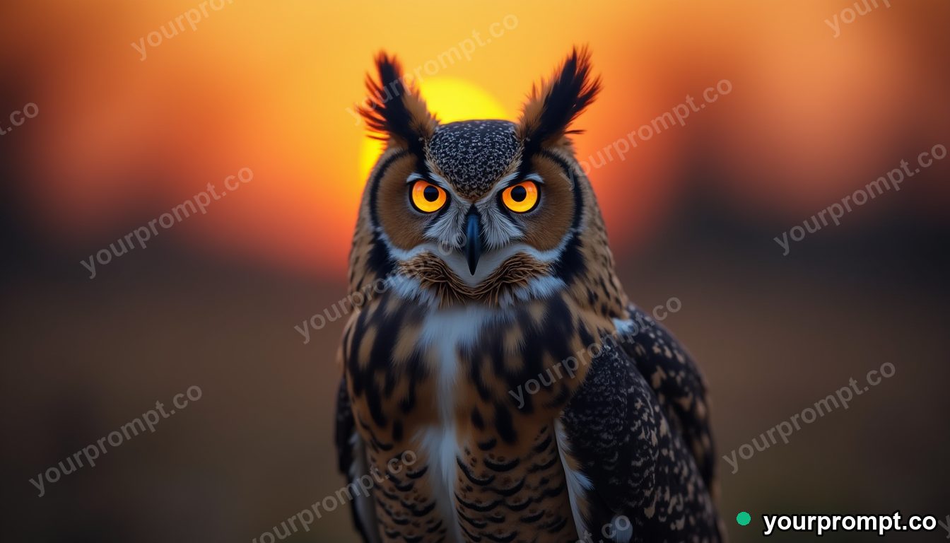 A great horned owl with piercing eyes at dusk