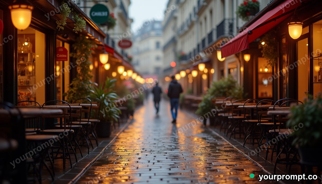 A cobbled Parisian cafe street in soft rain