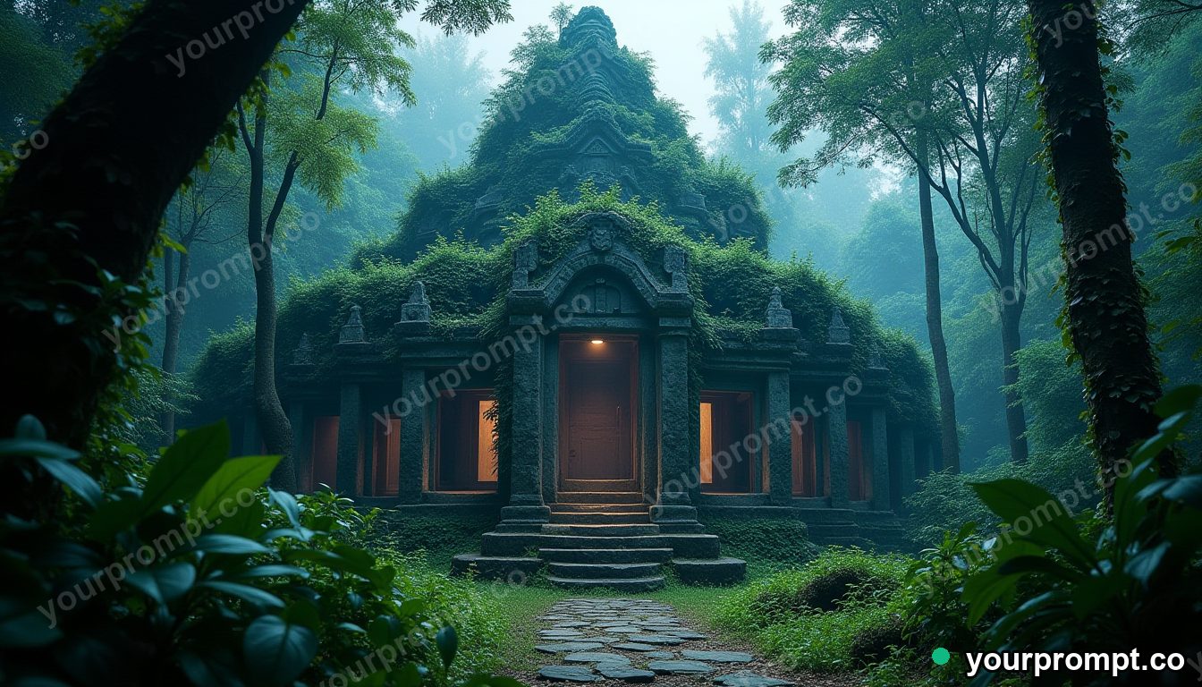An ancient temple overgrown by jungle vines