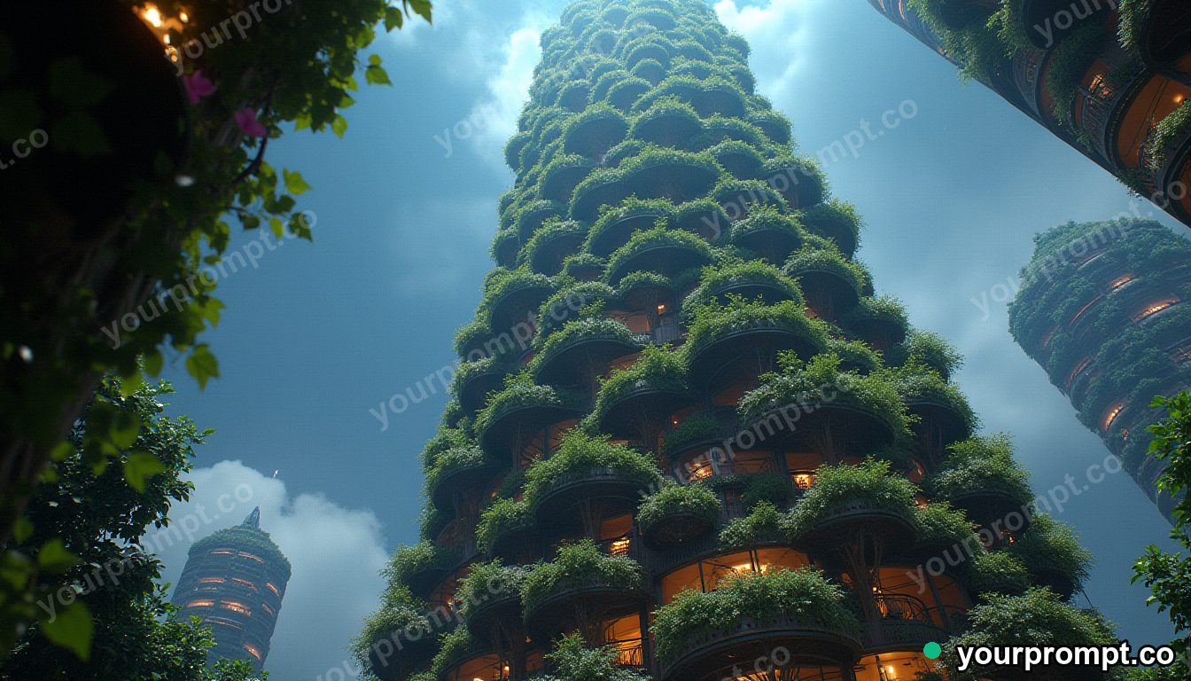 A futuristic eco-skyscraper draped in hanging gardens