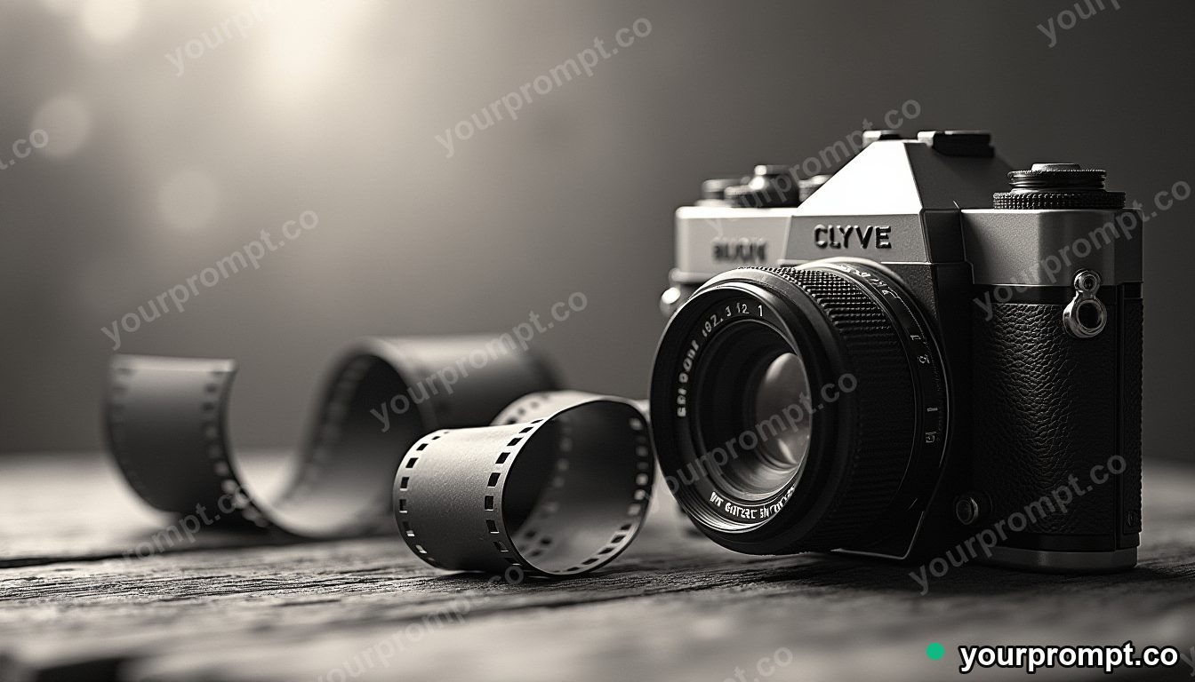 A vintage camera and film rolls on weathered wood
