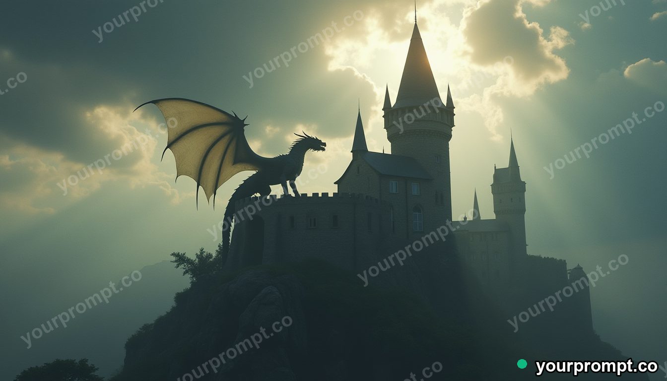 A dragon perched on a castle tower amid storm clouds