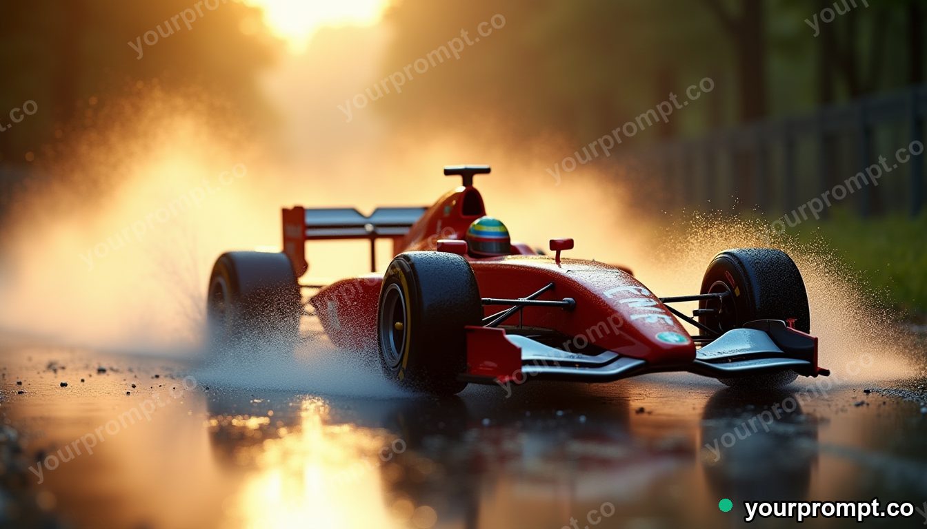 A Formula car blasting through a rainy corner with spray