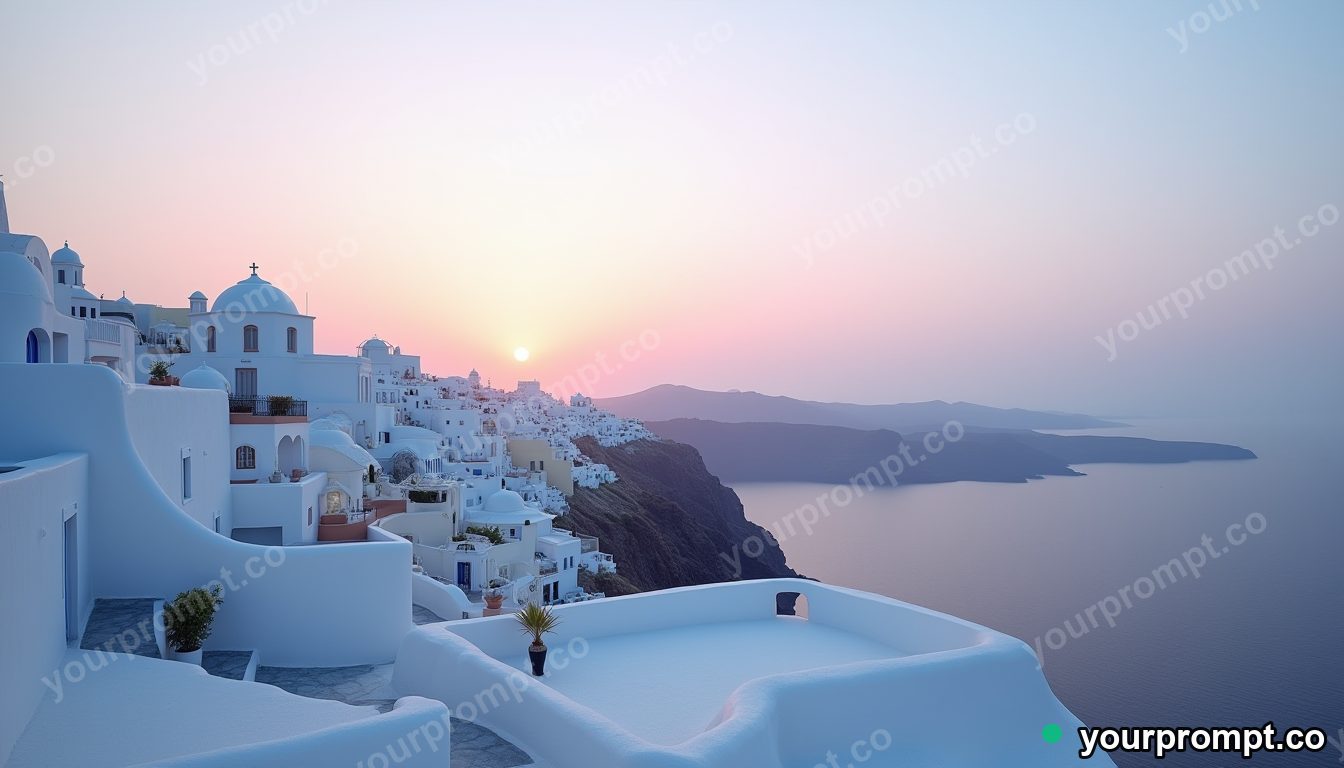 A white-and-blue Santorini cliffside at sunset