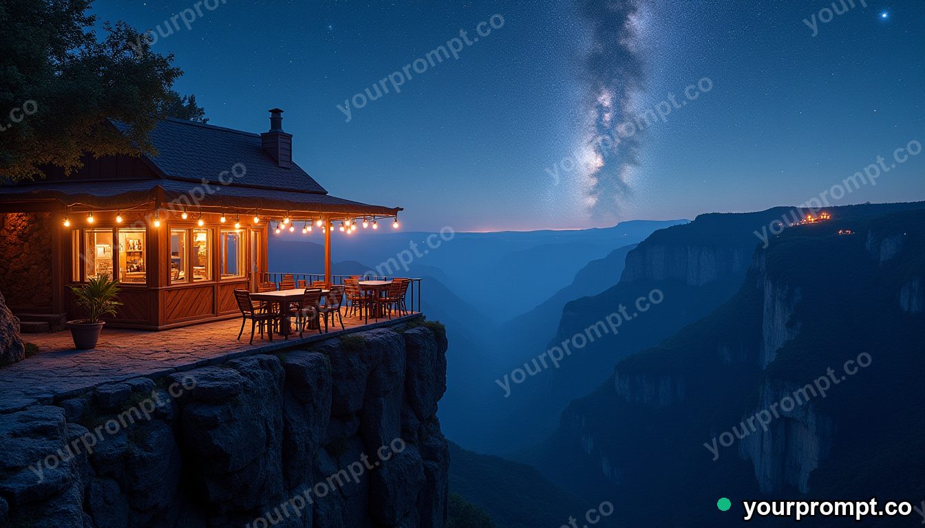 A cliff edge cafe overlooking a galaxy-filled canyon