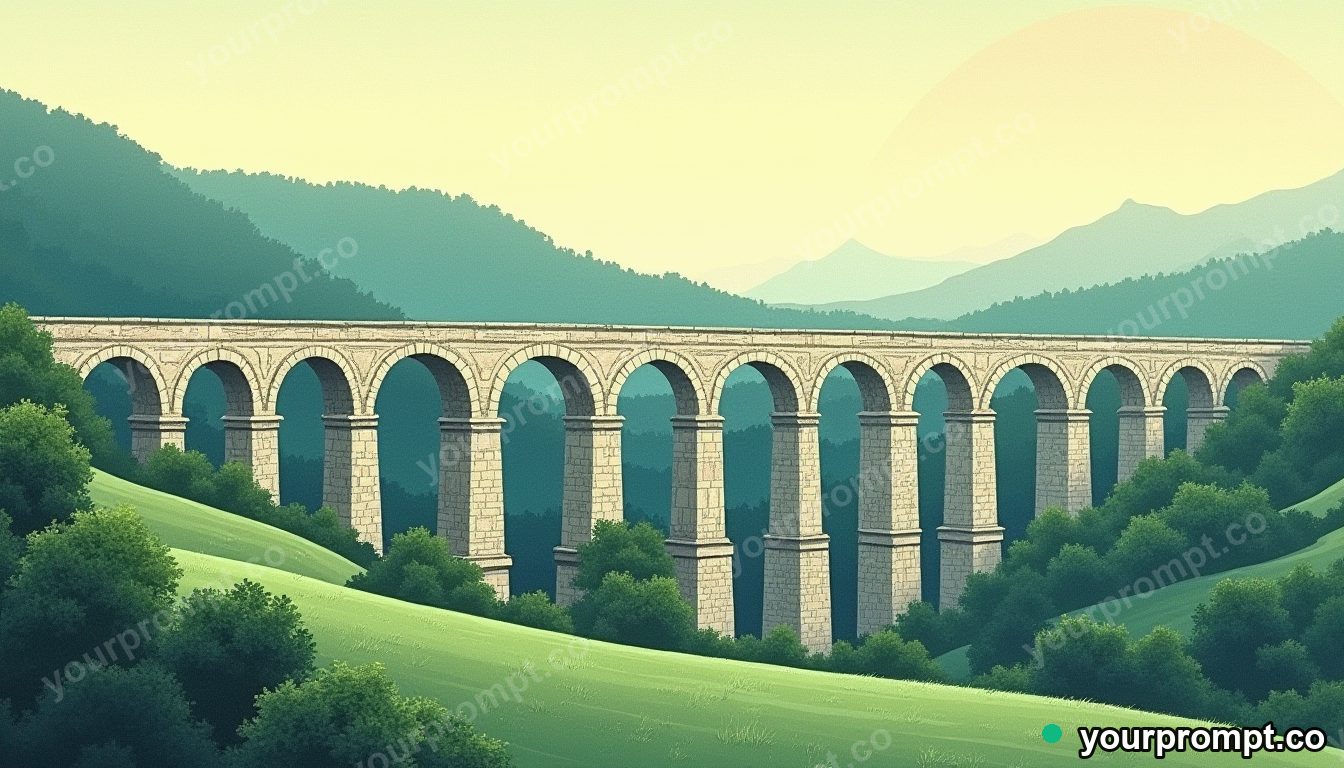 A Roman stone aqueduct over a green valley