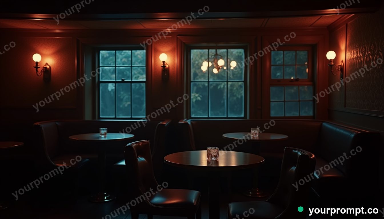 A moody speakeasy bar with amber lighting