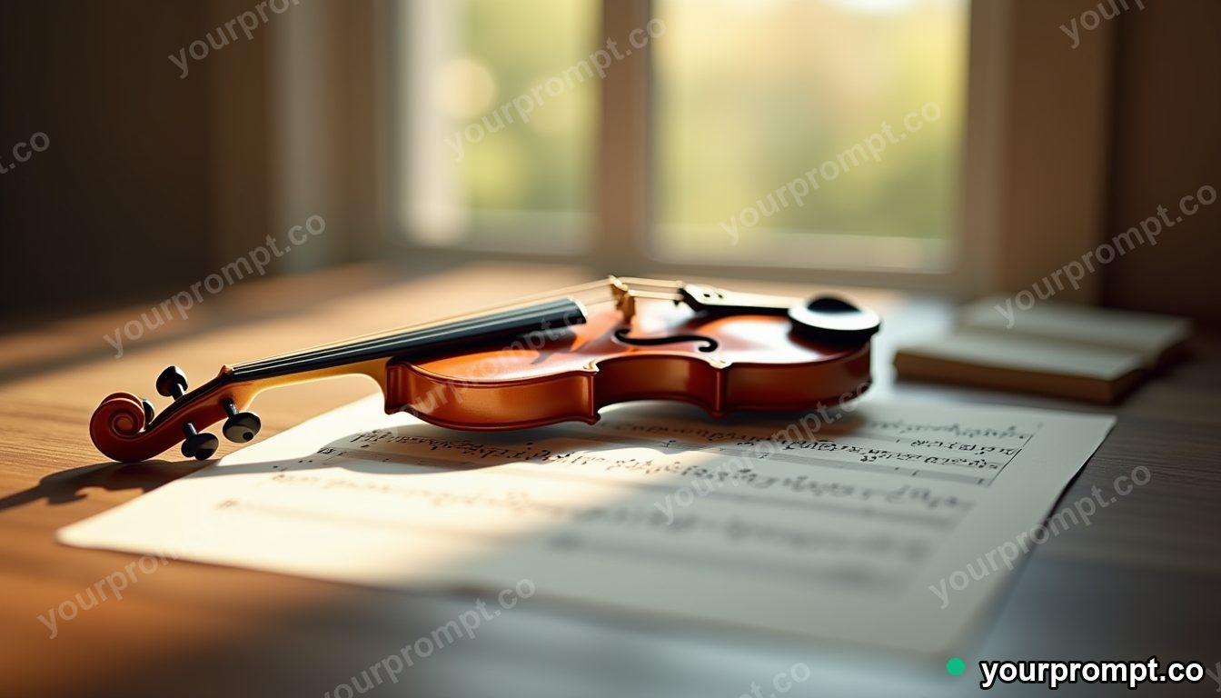 A violin resting on sheet music in soft window light