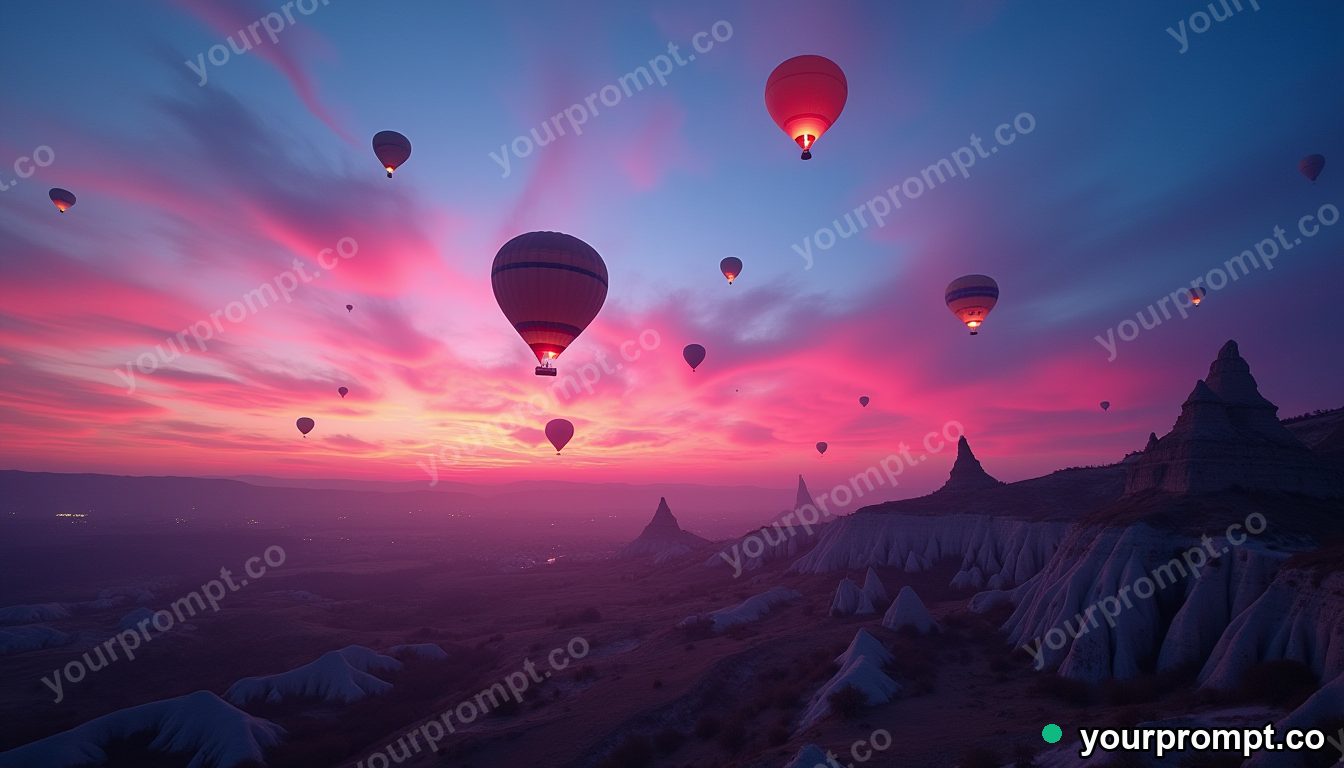 A hot-air-balloon-filled sky over Cappadocia at dawn