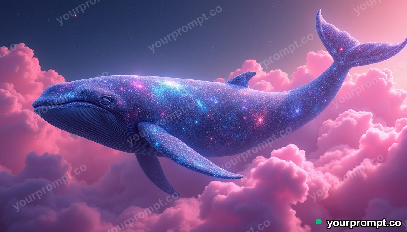 A whale made of swirling galaxies drifting through pink clouds