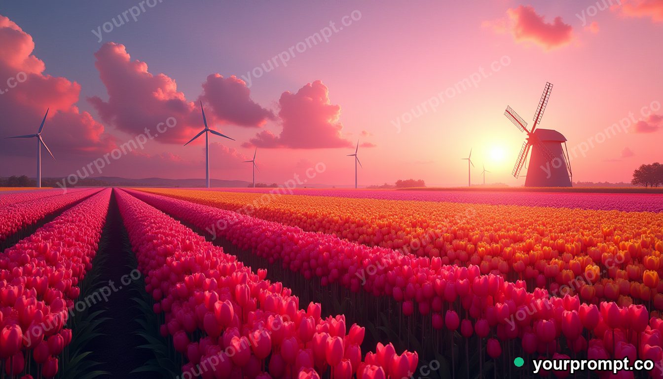 A tulip field in rainbow rows under a windmill