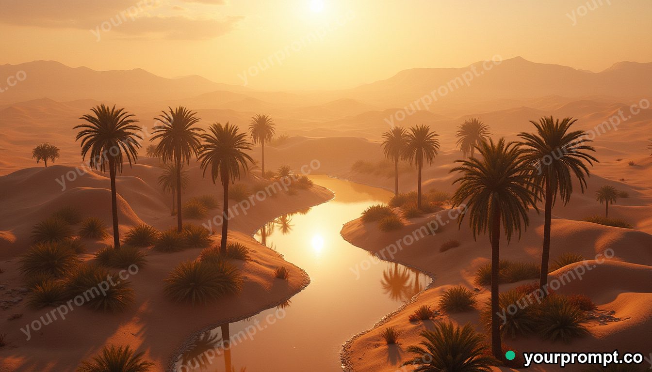 An aerial view of a desert oasis with palm clusters