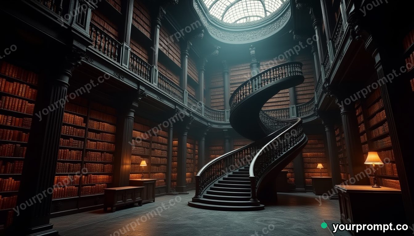 A grand library with spiral staircases and tall shelves