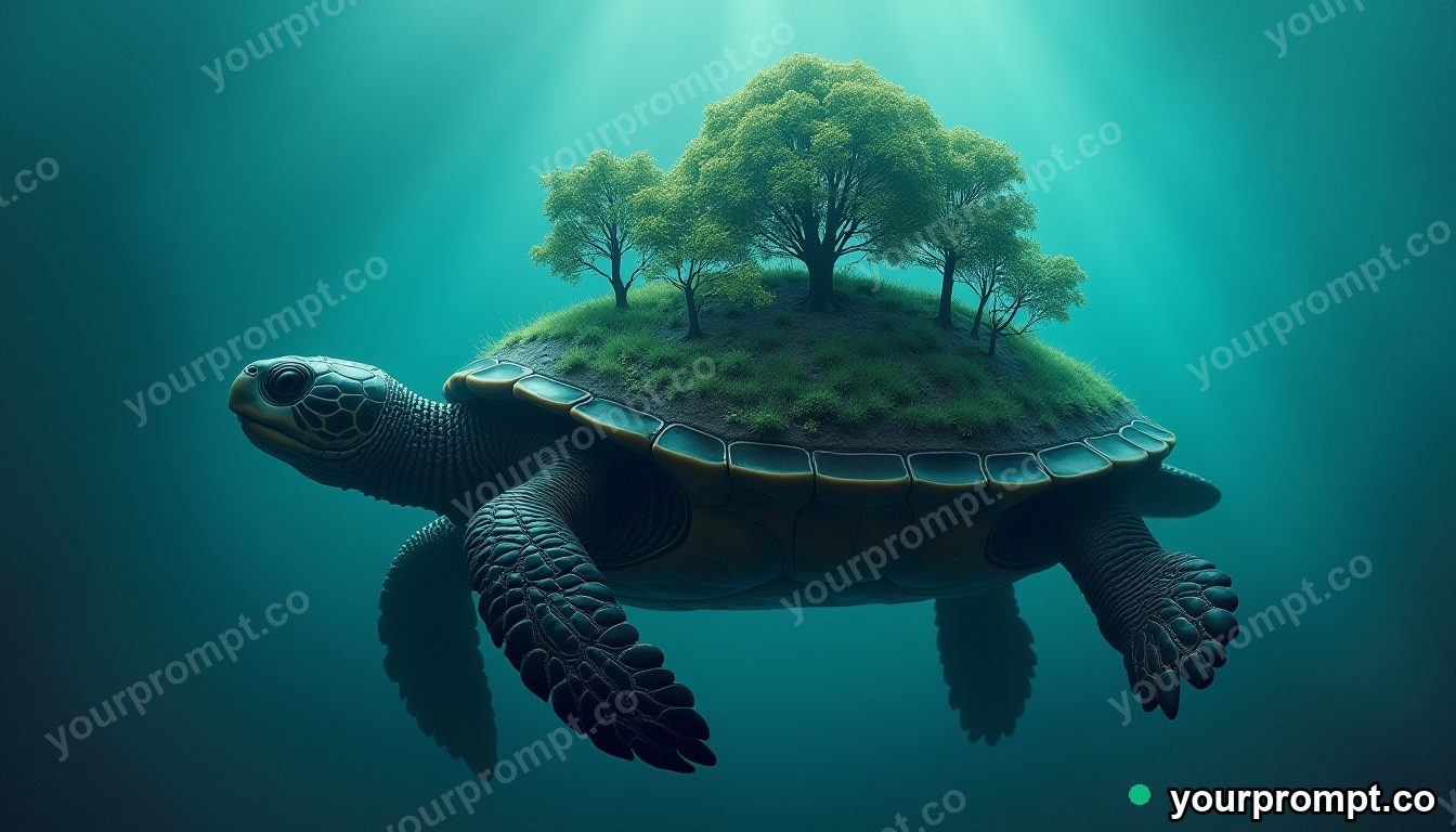 A giant turtle carrying a tiny forest on its shell