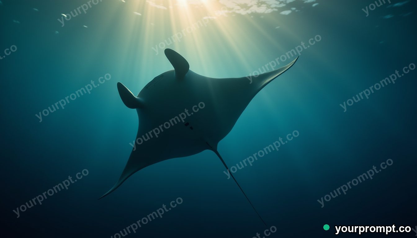 A giant manta ray soaring in deep blue water