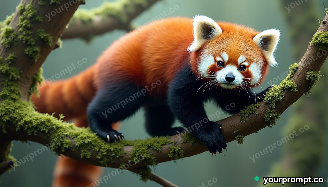 A red panda climbing a mossy branch