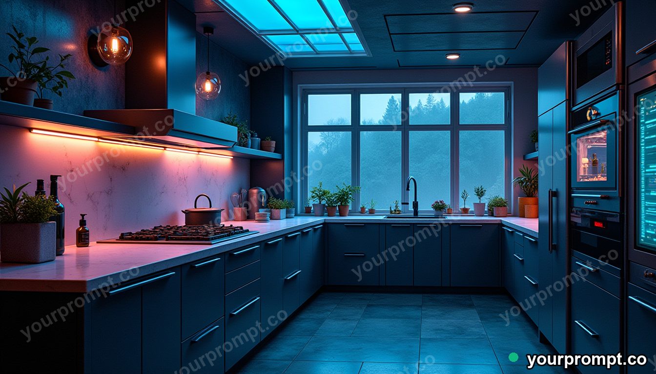 A futuristic smart kitchen with glowing surfaces