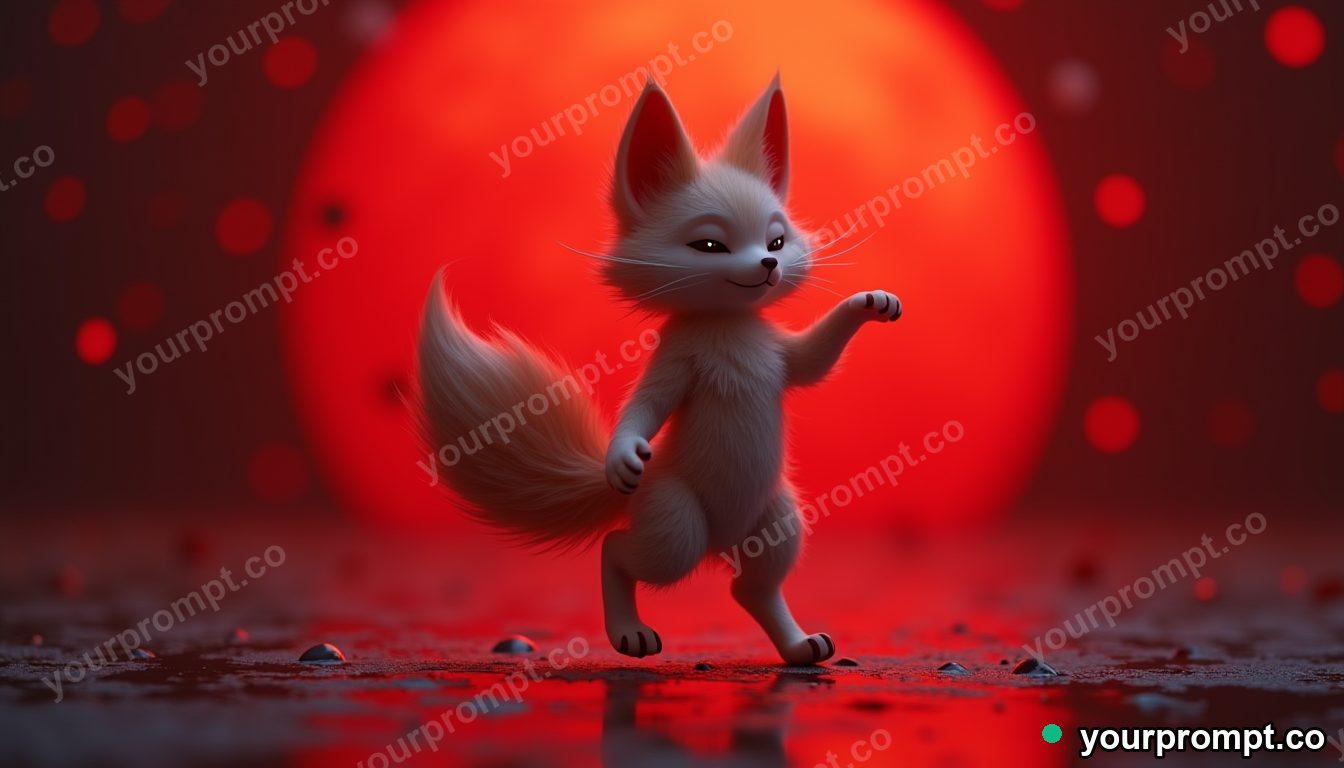 A kitsune dancing under a blood-red moon