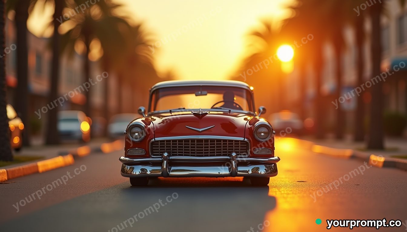 A chrome lowrider cruising a palm-lined boulevard