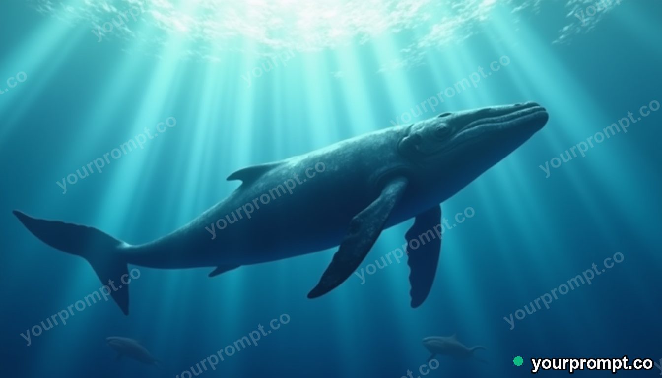 A humpback whale gliding through underwater sunbeams