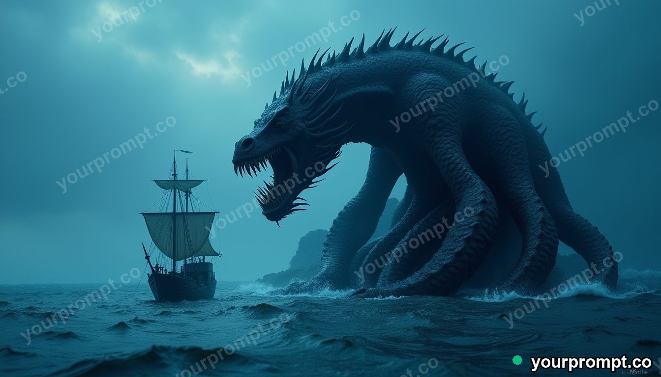The Kraken rising to crush a wooden ship