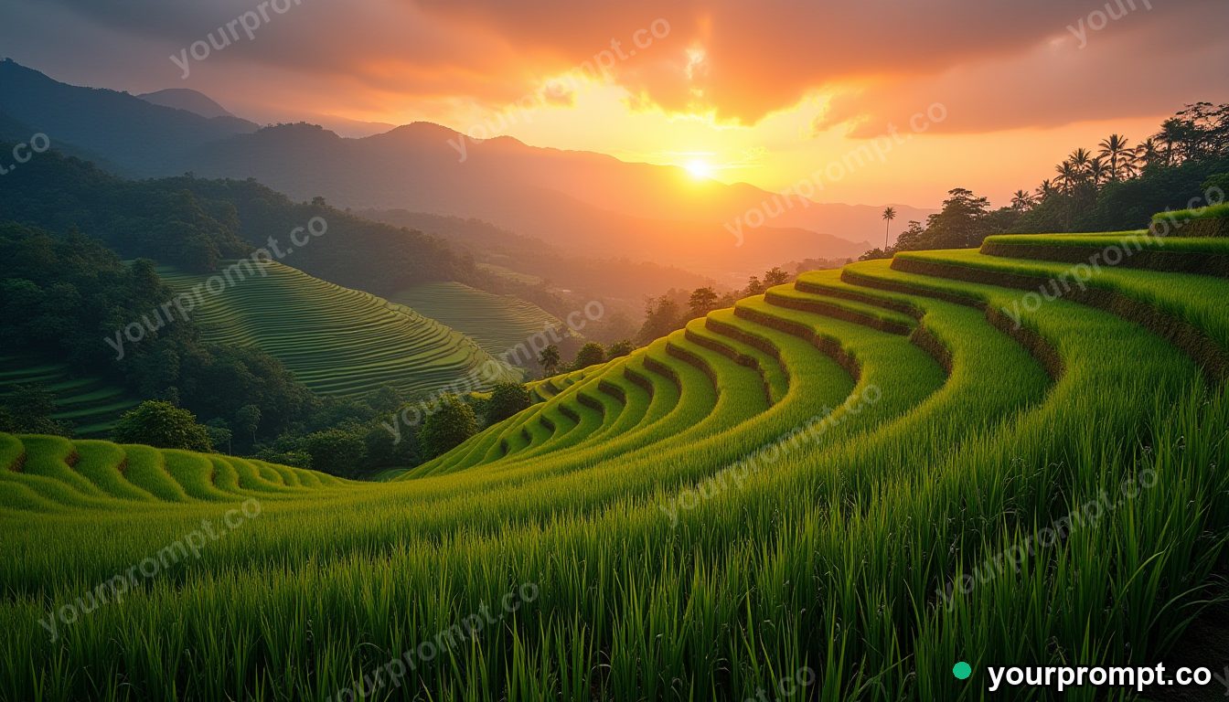 A terraced rice field at sunrise in Bali