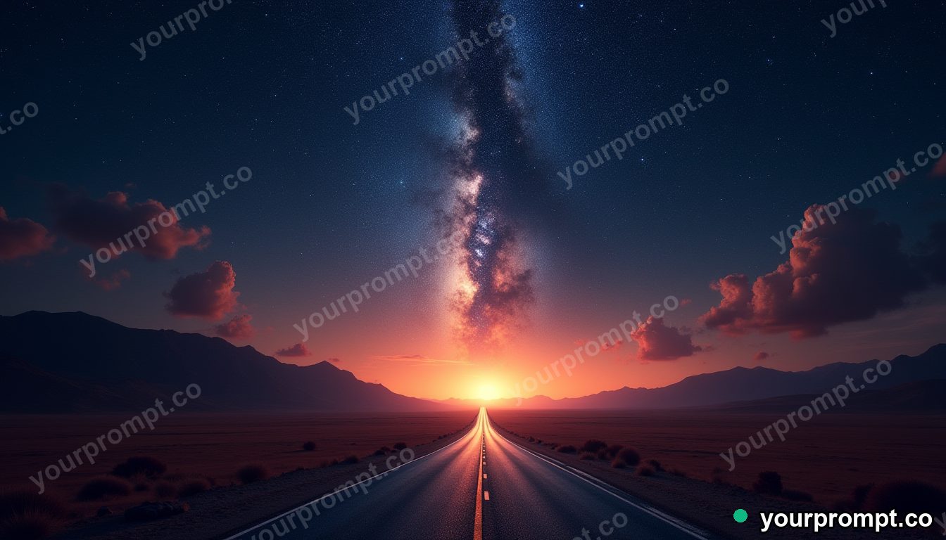 A desert highway under a vast star-filled sky