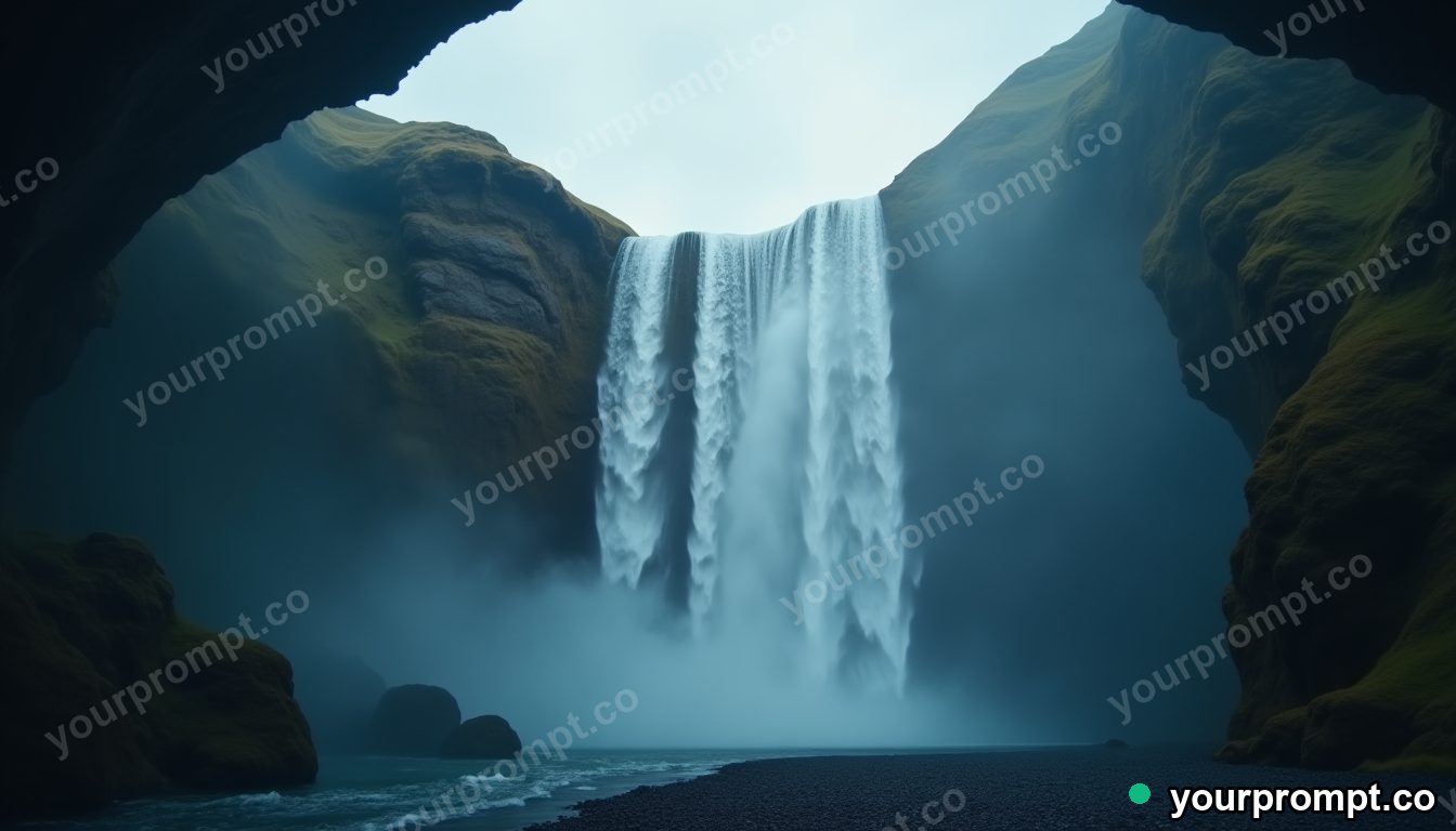 A waterfall flowing upward into a hole in the sky