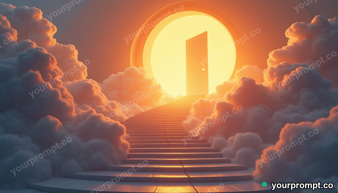 A staircase of clouds leading to a golden doorway