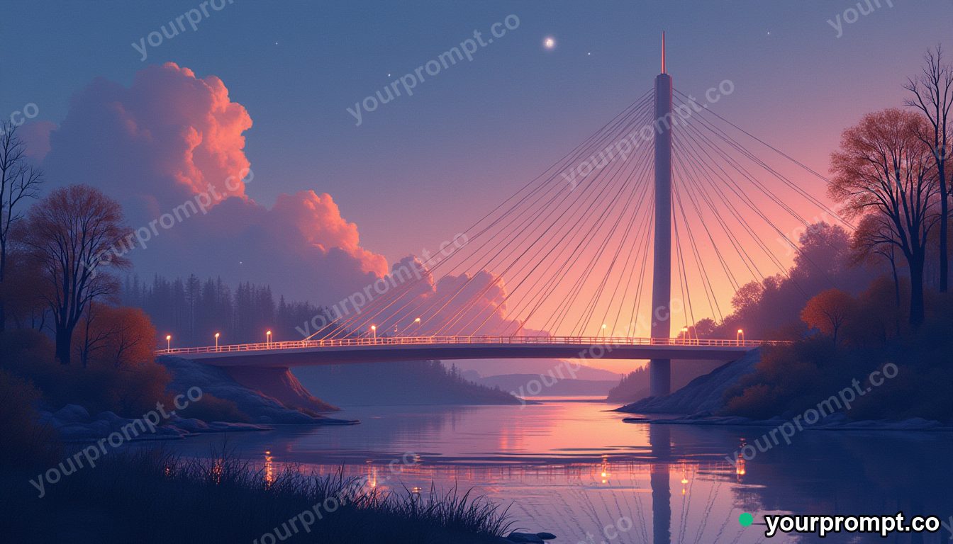 A spiraling modern pedestrian bridge at dusk