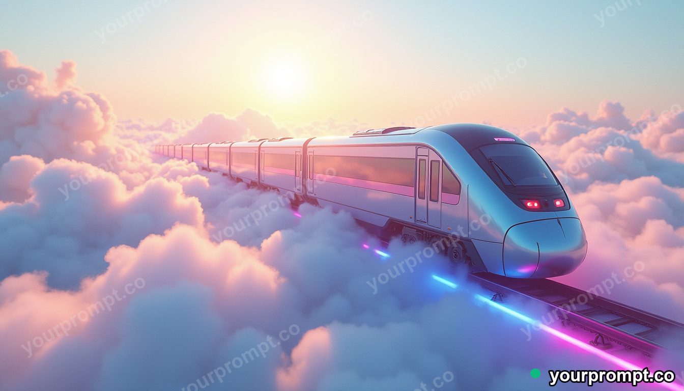 A train made of clouds riding on rainbow tracks