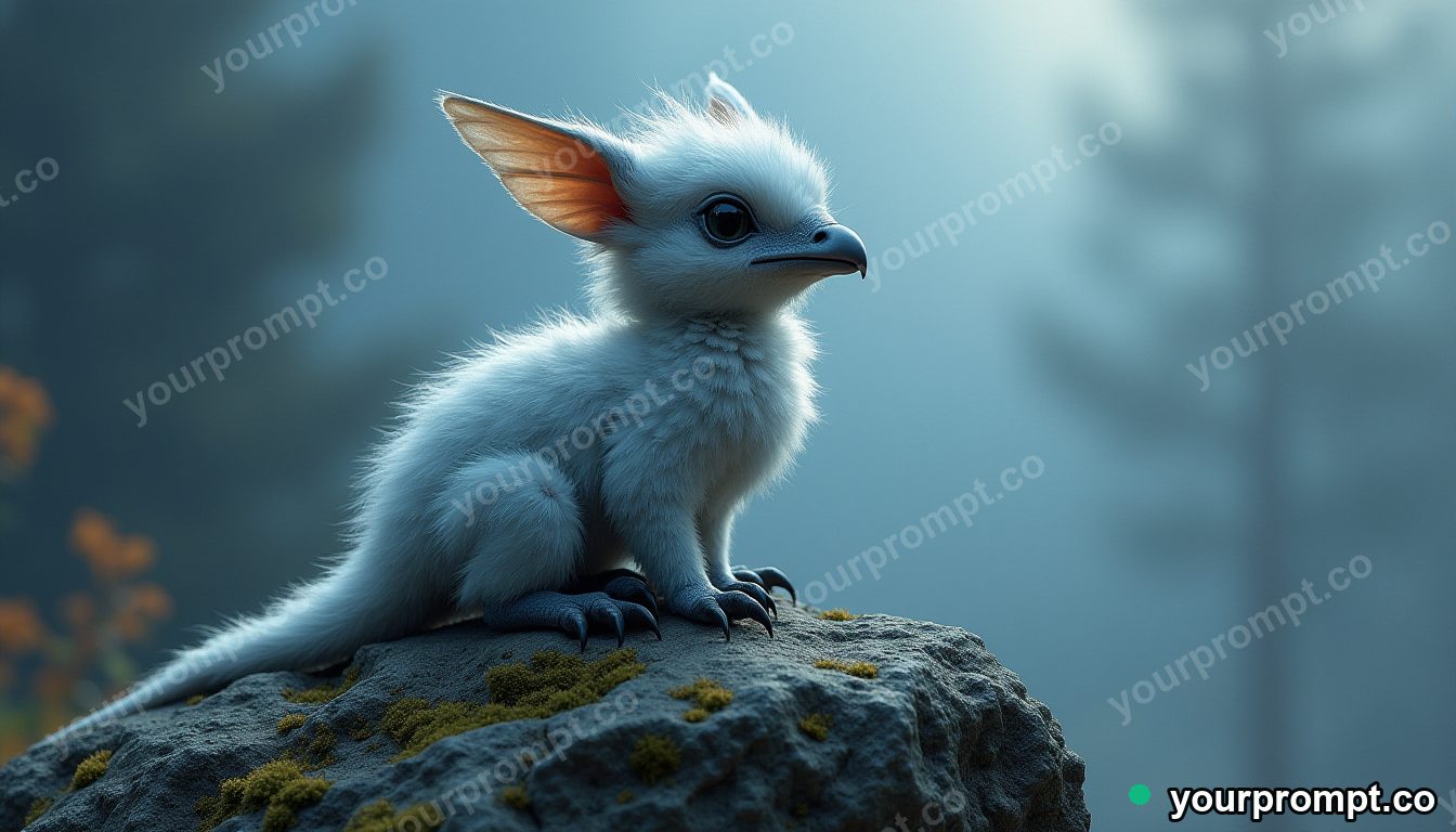 A baby griffin perched on a mossy boulder
