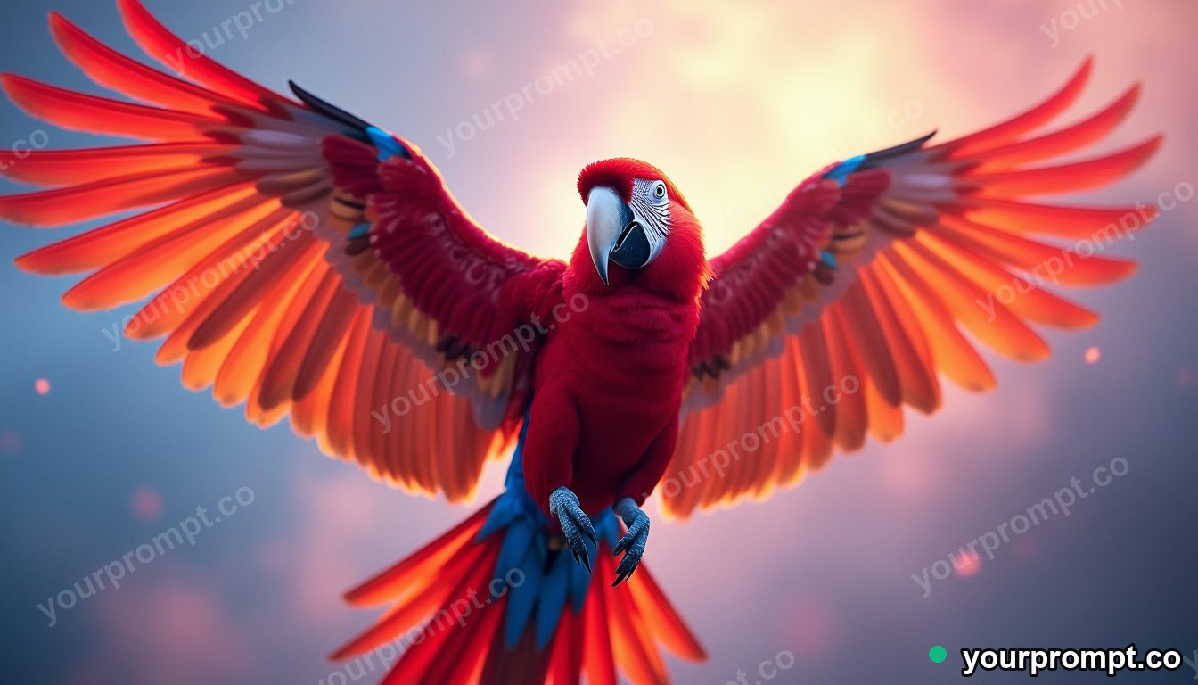 A scarlet macaw spreading rainbow wings
