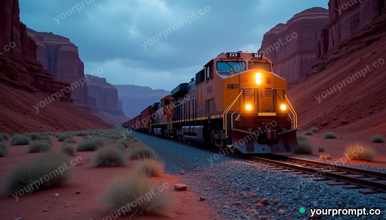 A freight train winding through a red desert canyon