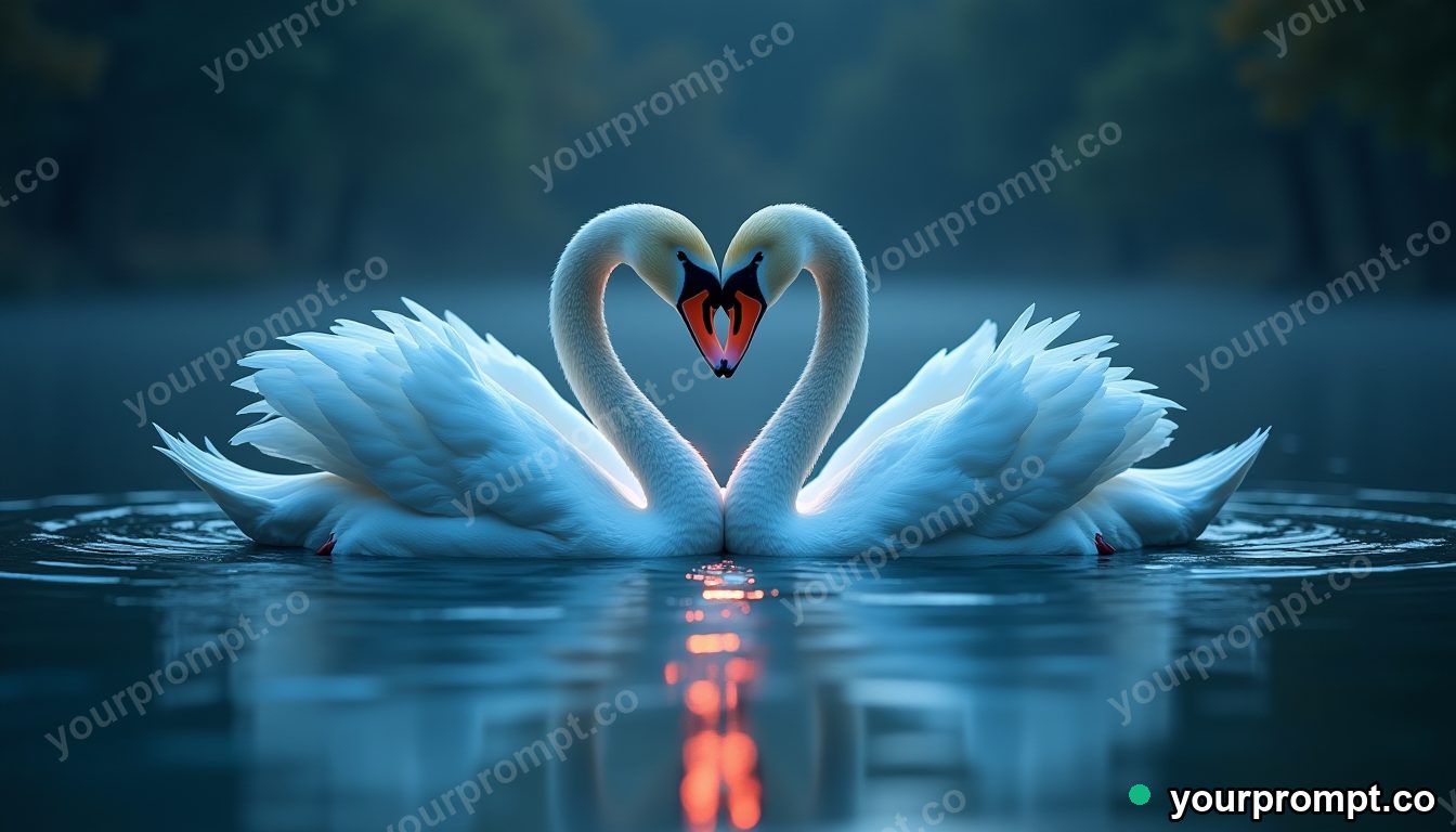 A pair of swans forming a heart on still water